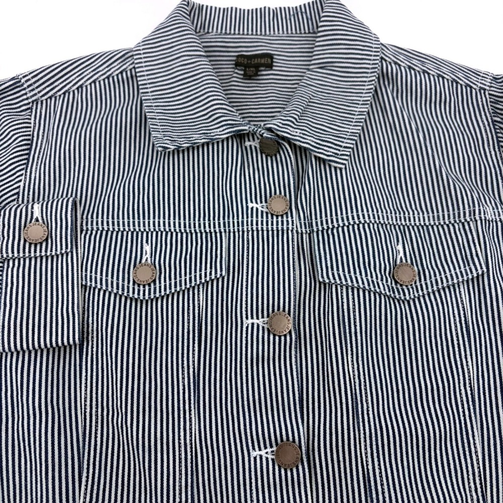 Coco + Carmen Womens Blue White Hickory Stripe Denim Jacket L/XL